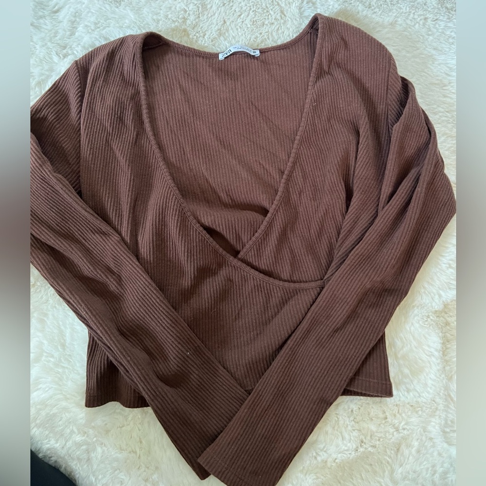 ZARA brown long sleeve wrapped V neck